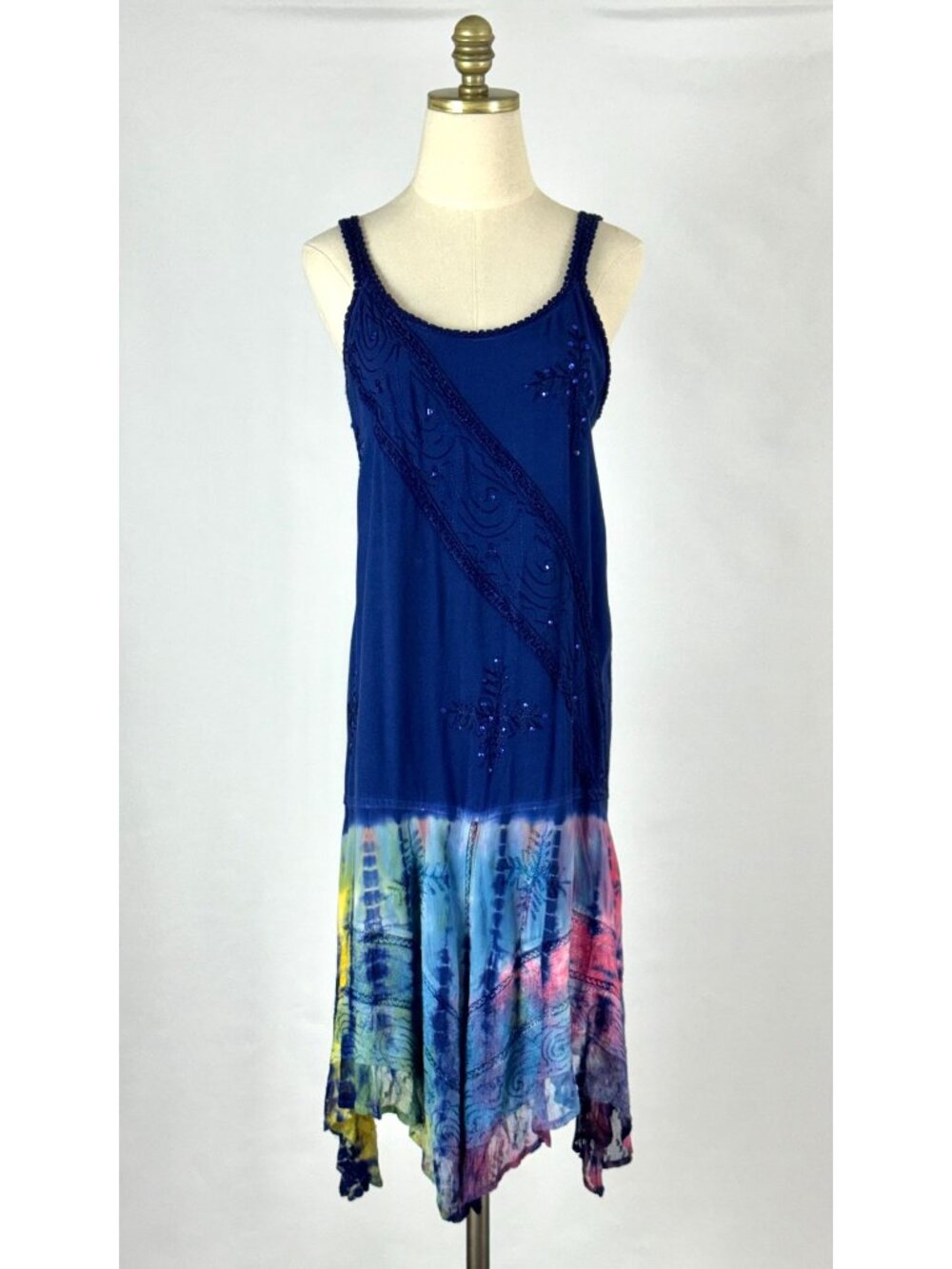 Vtg Navy Blue Rainbow Tie Dye Embroidered Dress Handkerchief Hem Tie Back Boho